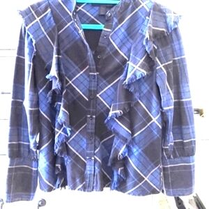 Maison Cinqcent Western Fringe Ruffled Blue plaid Button up Blouse Sz S